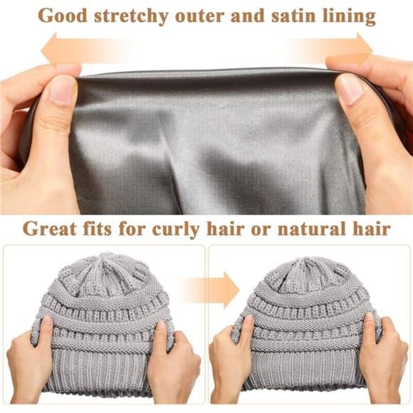 3 Pack Winter Beanies Satin Lined Warm Thick Knitted Hats Slouchy Caps for Women